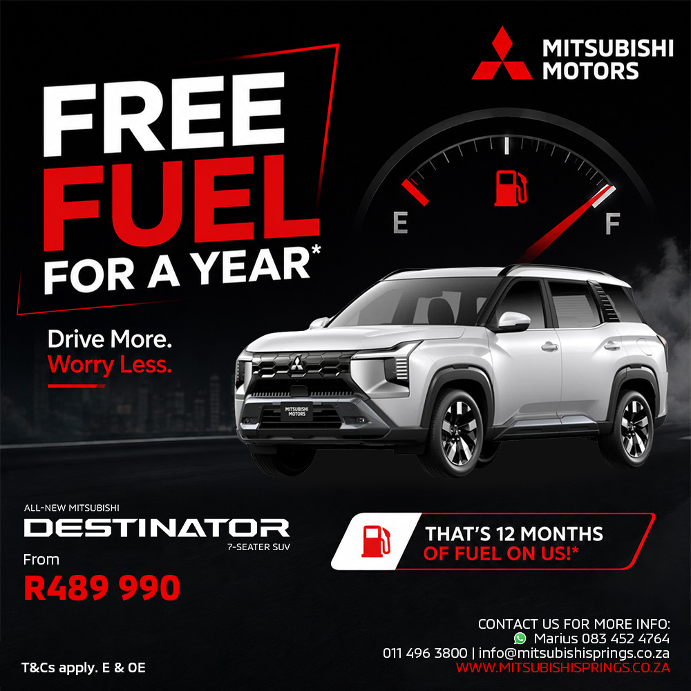 Mitsubishi ad promoting DESTINATOR SUV with text 'Free Fuel for a Year' and a fuel gauge graphic
