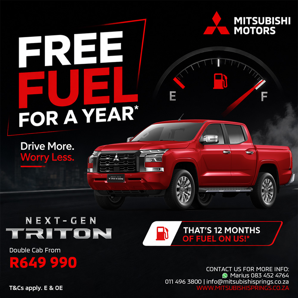 Red Mitsubishi pickup advertised with bold text: 'FREE FUEL FOR A YEAR' and fuel gauge graphic in background, company logo top right, vehicle in foreground, promo details at bottom left/right, next-gen Triton model shown on lower left.