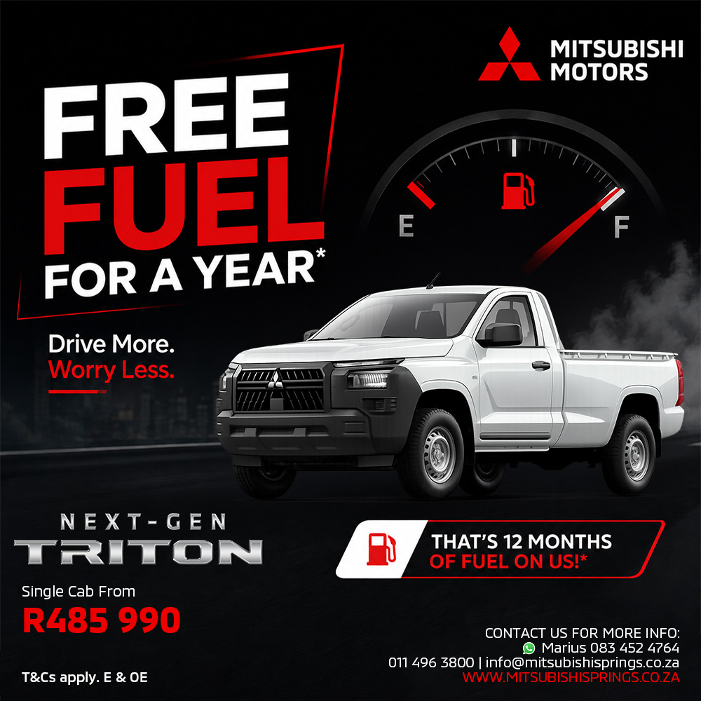 Promotional Mitsubishi ad: white Triton pickup, bold 'FREE FUEL FOR A YEAR' headline, fuel gauge graphic, price R485 990, contact details.