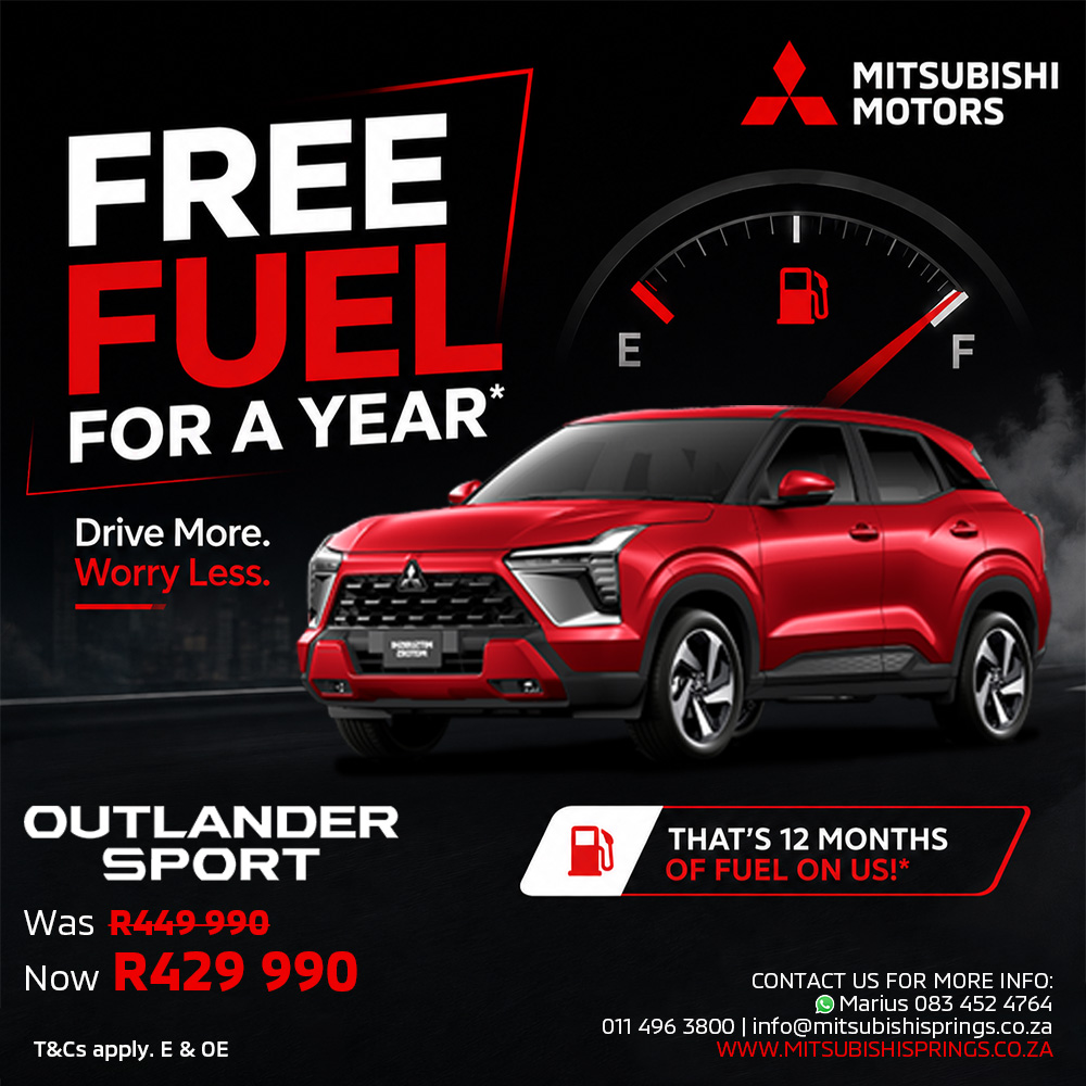 Red Mitsubishi Outlander Sport with bold 'Free Fuel For A Year' text and fuel gauge graphic; car ad with pricing and contact info on a dark background