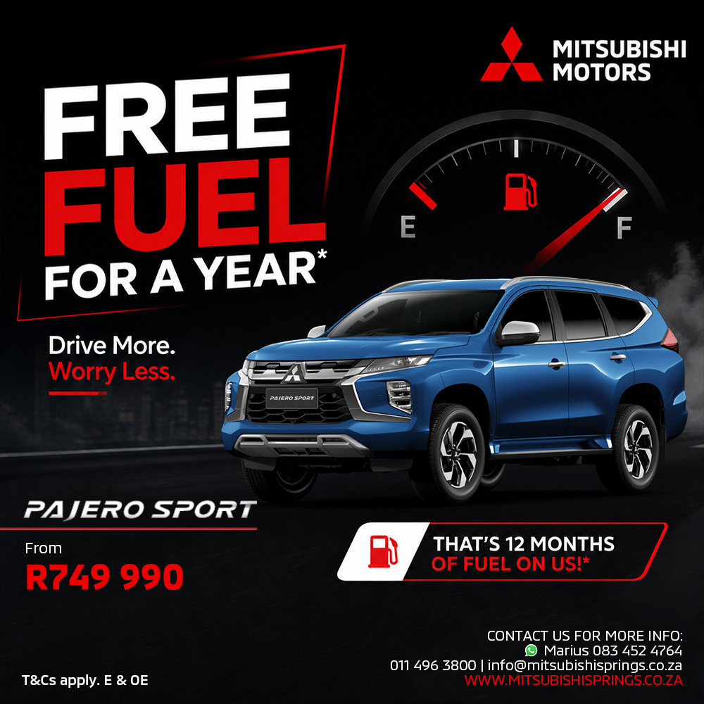 Blue Mitsubishi Pajero Sport on a dark promo background with bold 'Free Fuel For A Year', fuel-gauge graphic, and price from R749 990.