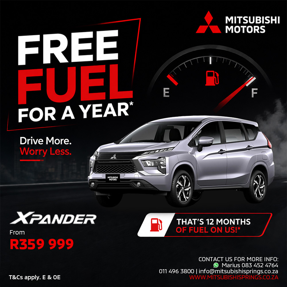 Mitsubishi Xpander advertisement offering free fuel for a year, showing a silver MPV and a fuel gauge graphic at night.